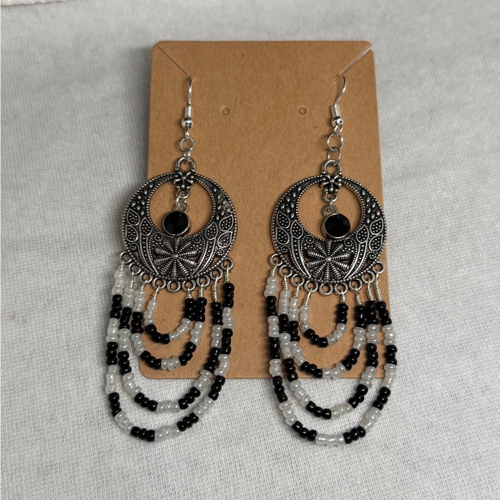 Chic Black and White SeedBeaded 4 Strand Earrings
